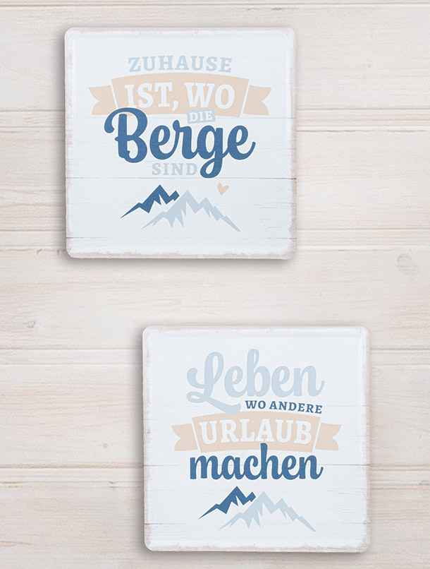 Gilde Metal Schild Quadratisch in Weiß & Blau - Berge - Wählen Sie Ihr Spruch