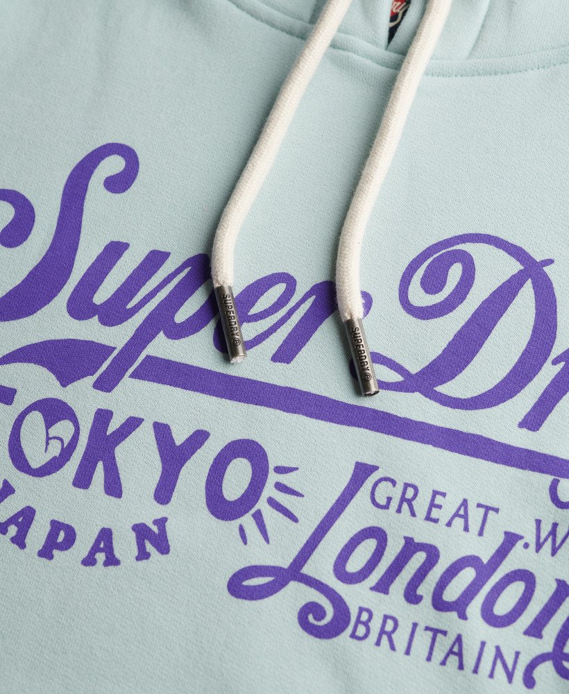 Superdry Damen Tokyo London Hoodie in Fresh Mint mit Lila Schrift 