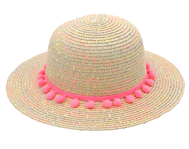 335231071001999 Maximo Strohhut in Natur mit Multifarbe Confetti, breitem Krempe & Neon Pink Pom Poms