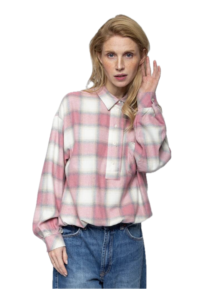 Emily van den Bergh Damen Flanellbluse in Soft Rosa Karo – Verkürzte Hemdbluse aus Tencel-Baumwoll-Mix
