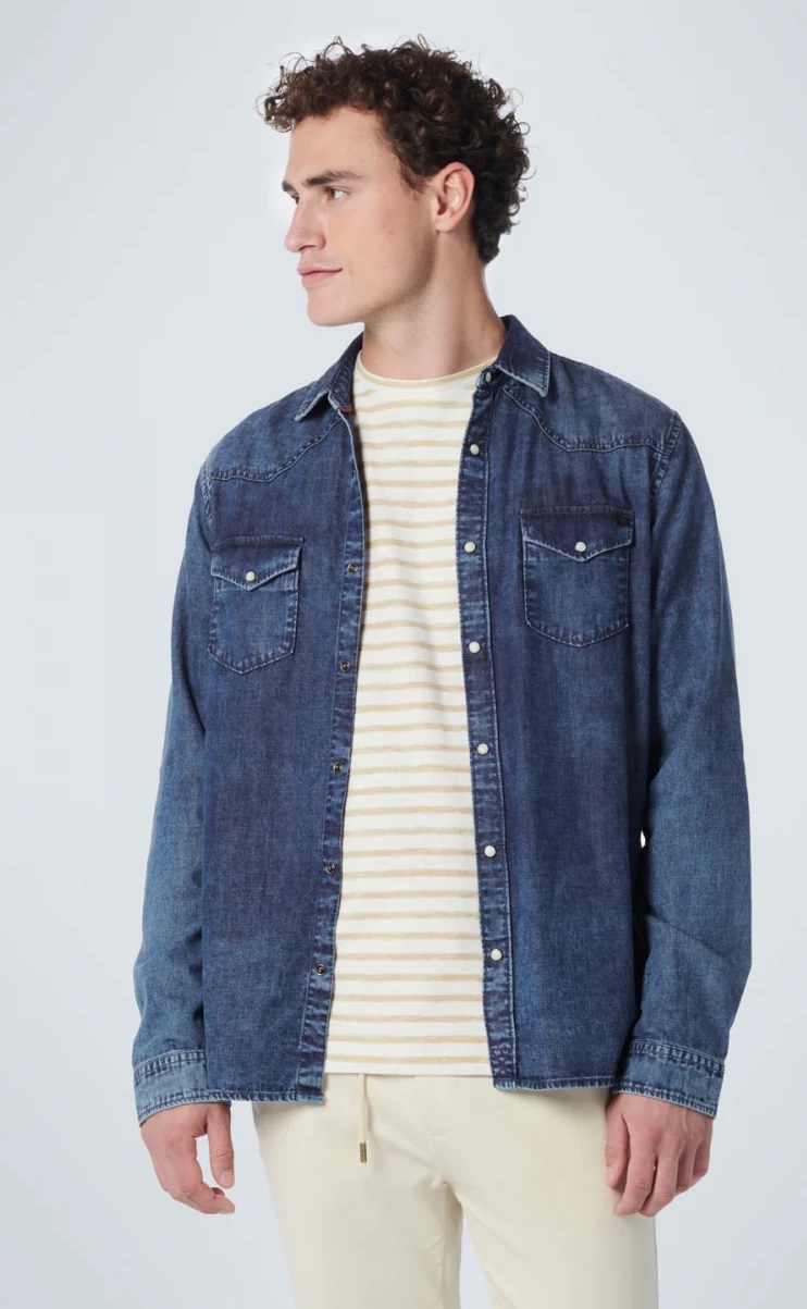 NO EXCESS Langarm Jeans-Hemd mit Brusttasche - Carbon Blue