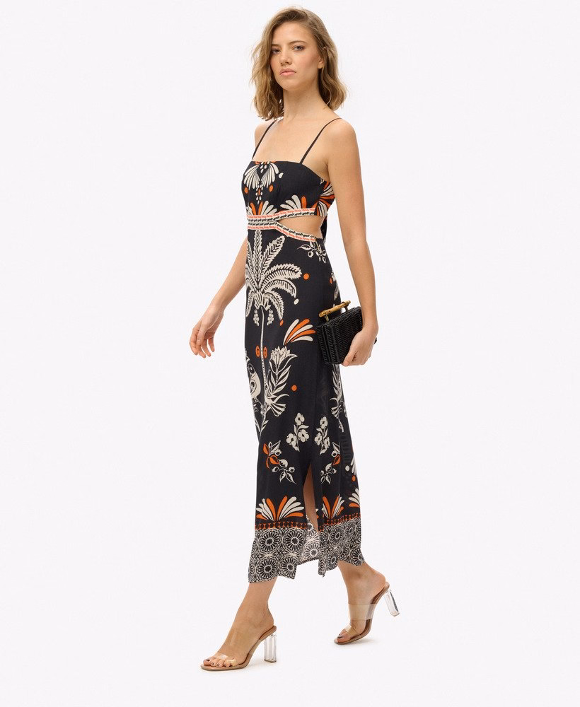 Superdry Damen Statement Cut-Out Maxikleid in Jungle Fever Black/Schwarz - SALE