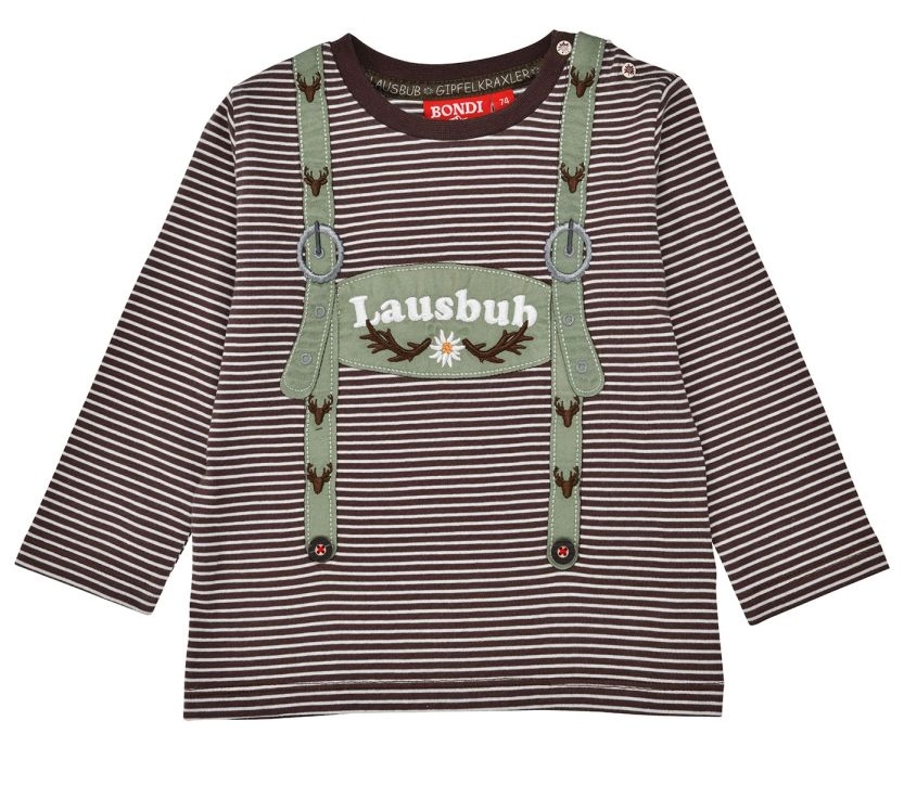 Bondi Gipfelkraxler Langarm Braun Gestreift mit Lederhosen Look - Lausbub Bondi Gipfelkraxler Langarm Braun Gestreift mit Lederhosen Look - Lausbub