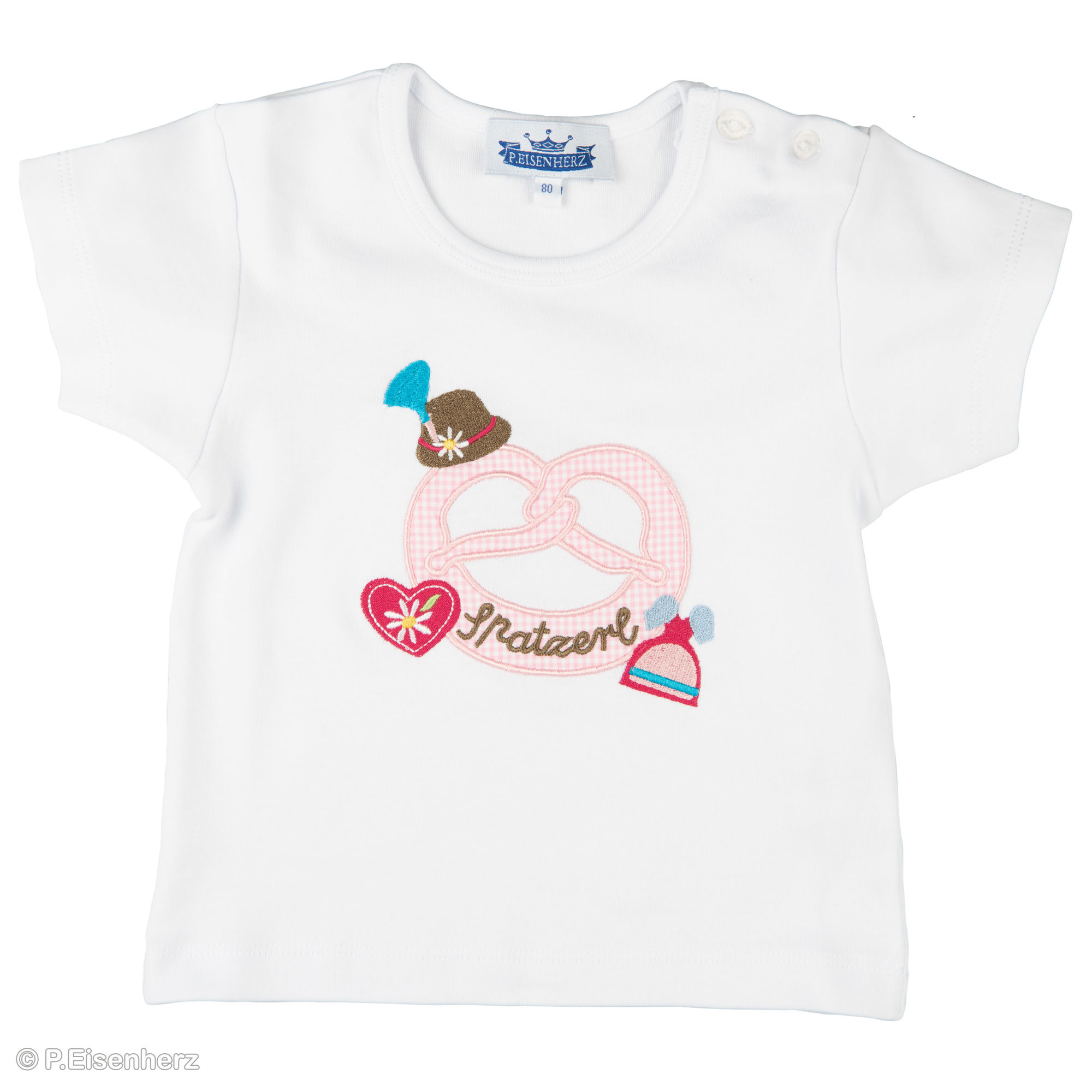 t-shirt-motiv-brezl-mit-stickerei-tirolerhut-und-spatzerl_8 P.Eisenherz Kurzarm T-Shirt "Brezl" mit Stickerei Tirolerhut und Spatzerl
