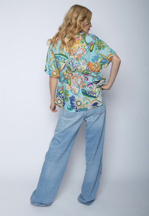 Emily van den Bergh Kurzarm Blusenshirt in Aqua mit Multifarbe Design - SALE