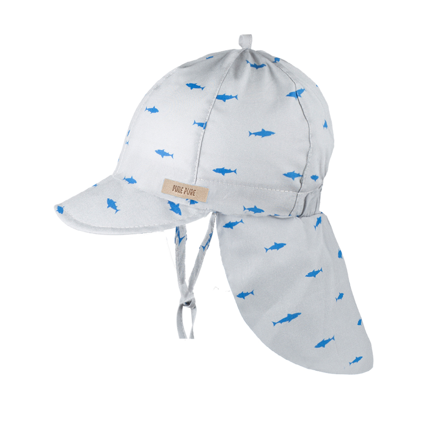 2903871-94 PURE PURE Sonnenmütze mit Nackenschutz in Grau mit Haifische in Blau - GOTS bio zertifiziert