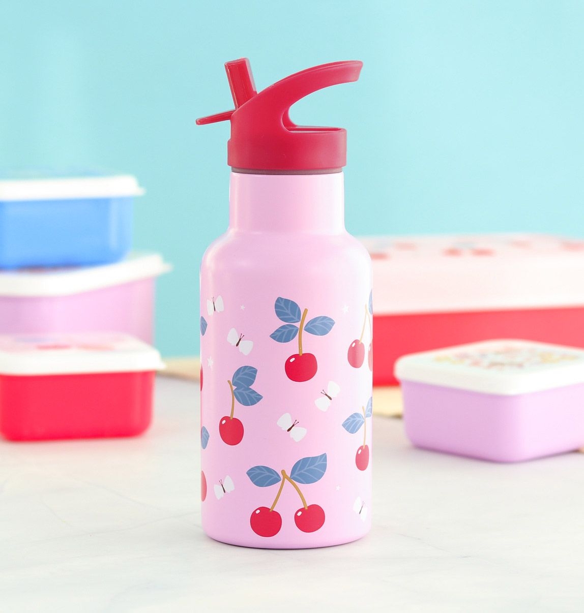 A Lovely Little Company Thermos Edelstahl Trinkflasche mit Strohhalm - Kirschen