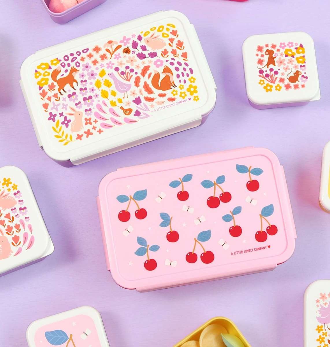 A Little Lovely Company Bento Box Brotzeitbox Lunchbox in Flieder - Fuchs Blumen Garten