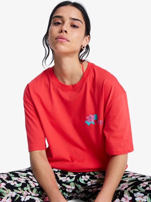 Roxy Hangloose Poster T-Shirt in Hibiskus Rot für Frauen mit Backprint - Fresh Coconut