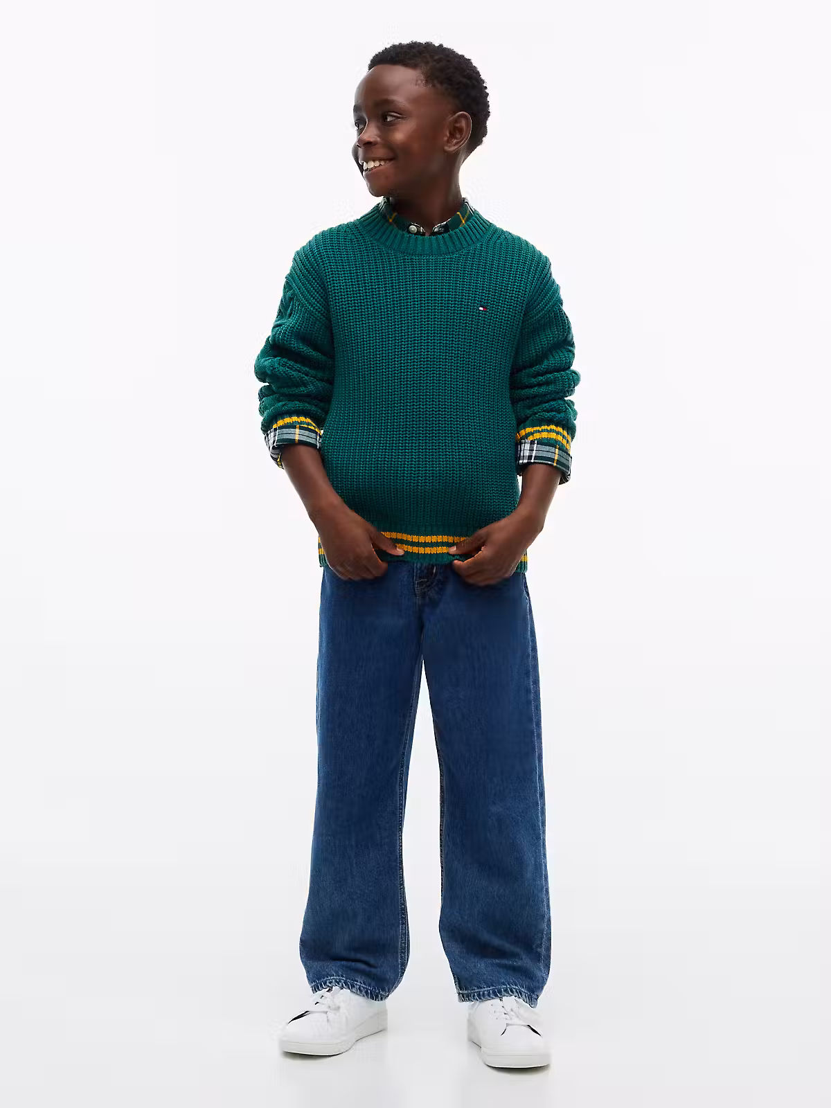 Tommy Hilfiger Placed Chunky Strick Pullover in Grün mit Gelben Ringel am Arm und Bund