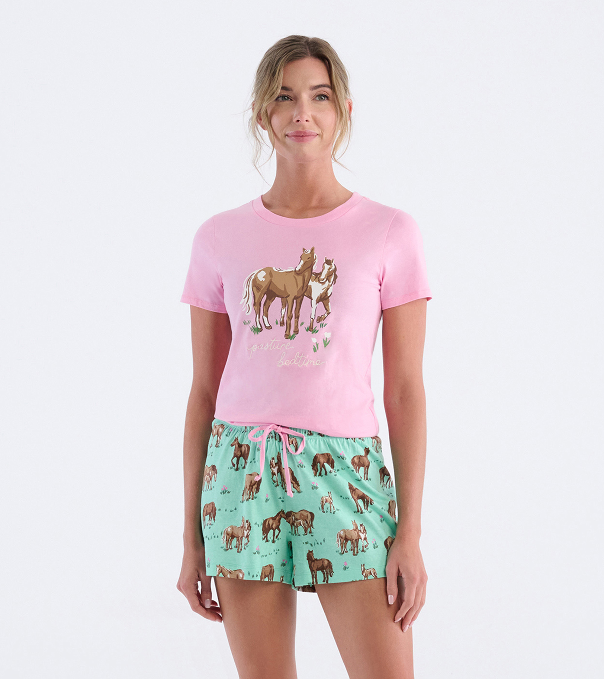 Little Blue House Damen Pajama T-Shirt in Rosa Pasture Bedtime - Pferde