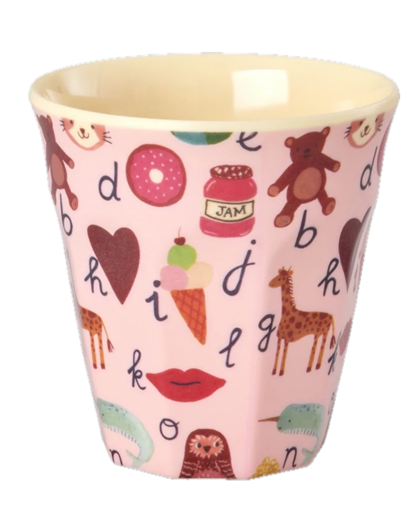 RICE Kinderbecher aus Melamin Pink ABC Print – 160 ml
