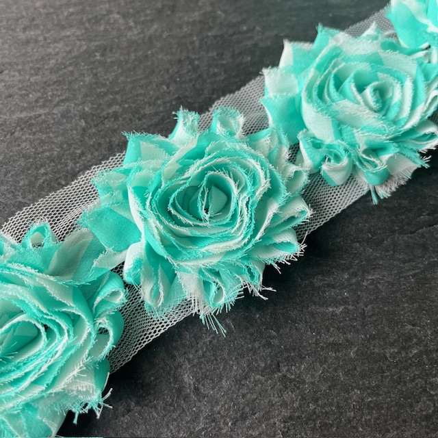 Wowzers Shabby Chic Stoffblumen Blüten am Band - Mint Gestreift - 3 Blumen 