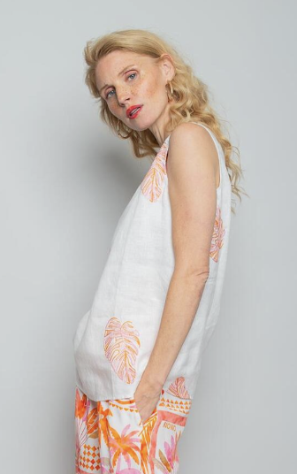 Emily van den Bergh Leinen Bluse Ärmellos mit Palmenblatt Stickereien