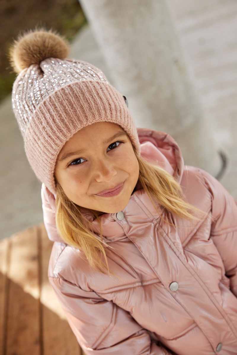 Minymo Wintermütze mit Pompon - Rosa mit Herzen