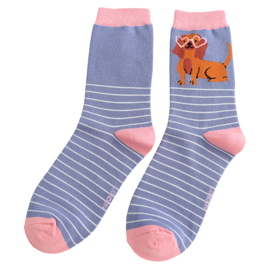 Miss Sparrow Bambus Socken in Denim Blau & Rosa - Dackel mit Sonnenbrille
