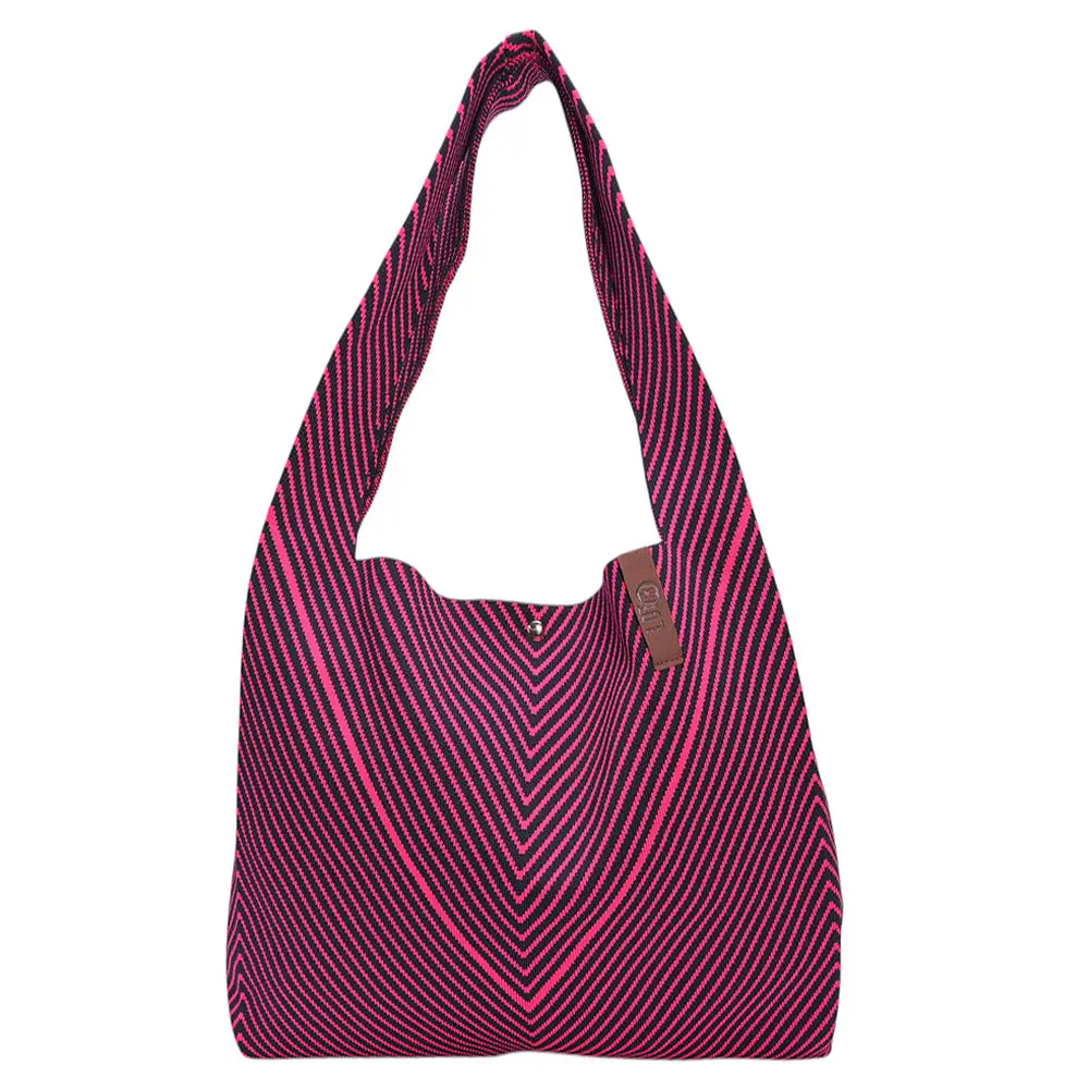 LOT83 REBEL LOIS Material Mix Gestrickte Shopper Tasche Navy & Pink Zick Zack
