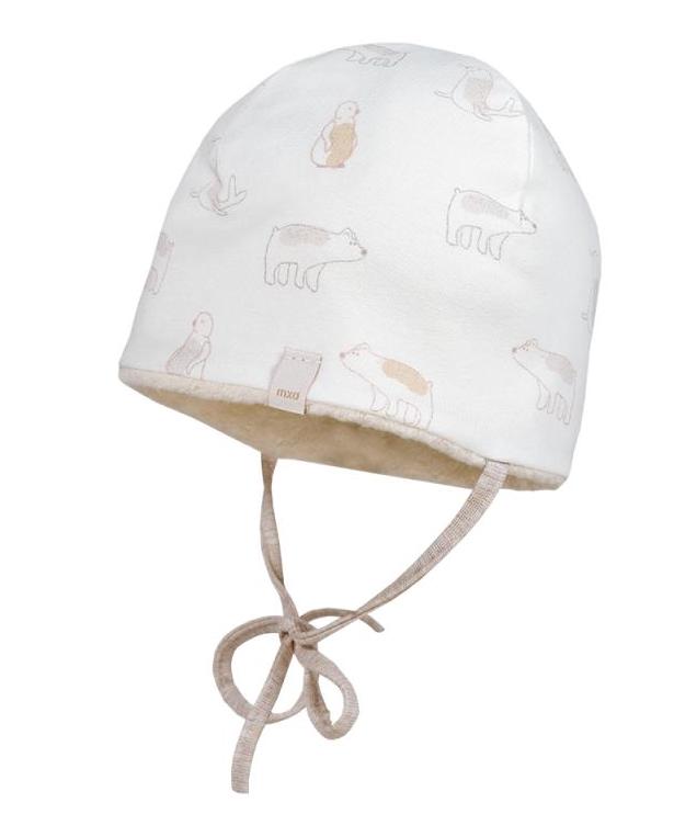 Maximo GOTS BABY-Mütze aus Jersey mit Teddyfutter & Bindeband - Eisbär Maximo GOTS BABY-Mütze aus Jersey mit Teddyfutter & Bindeband - Eisbär