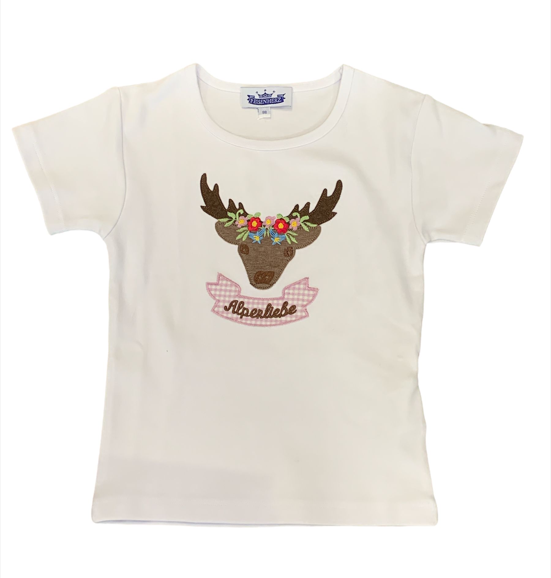 P.Eisenherz Kurzarm T-Shirt "Alpenliebe" mit Hirschkopf & Blumen