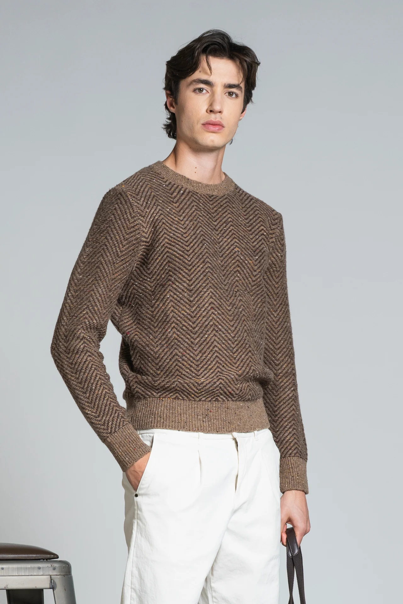 IMPURE Berger Rundhals Strick Pullover Lammswolle Braun Meliert mit Zick Zack