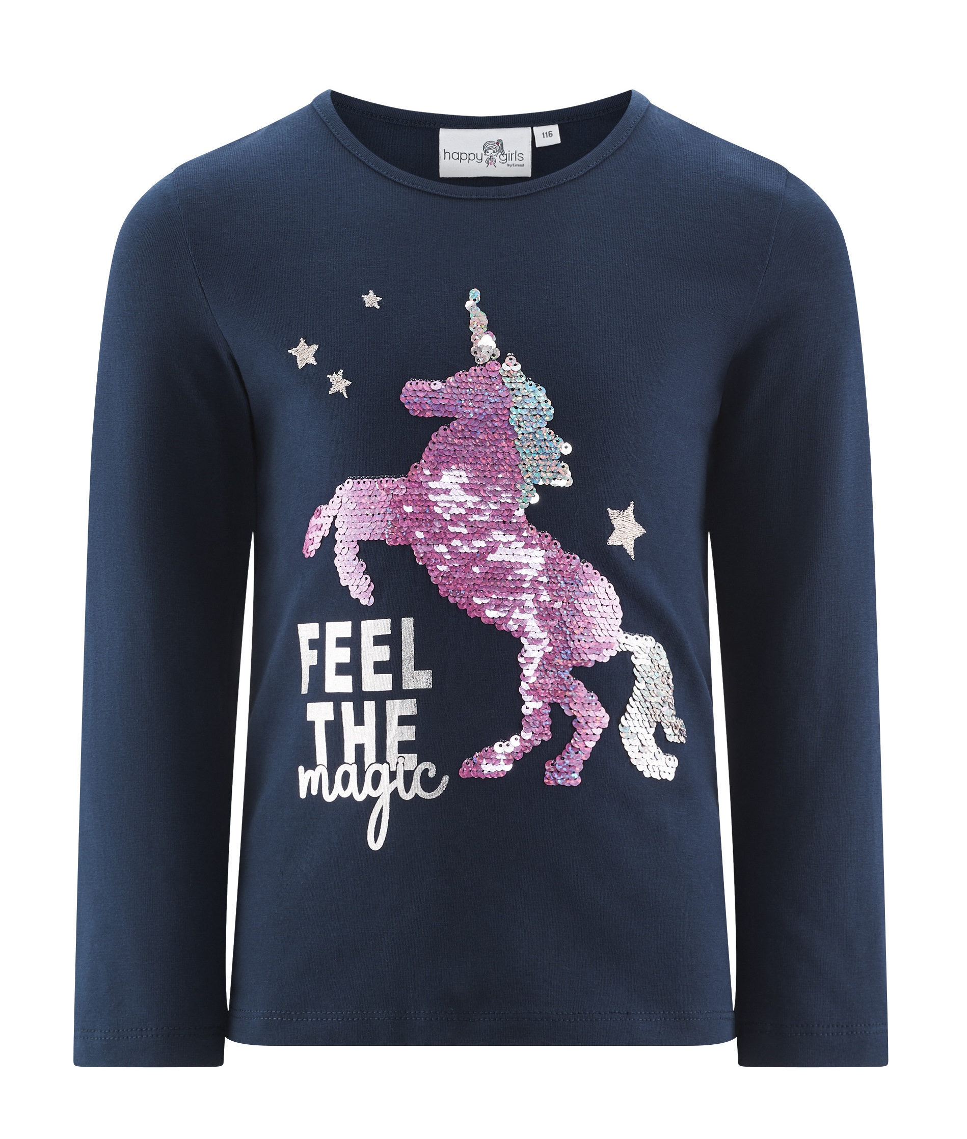 Happy Girls Langarm Shirt In Navy Blau Wendepailletten Einhorn in Pink & Silber Happy Girls Langarm Shirt In Navy Blau Wendepailletten Einhorn in Pink & Silber