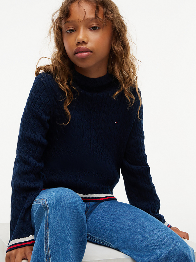 Tommy Hilfiger Schmal geschnittener Zopfmuster-Pullover mit Stehkragen in Navy Blau