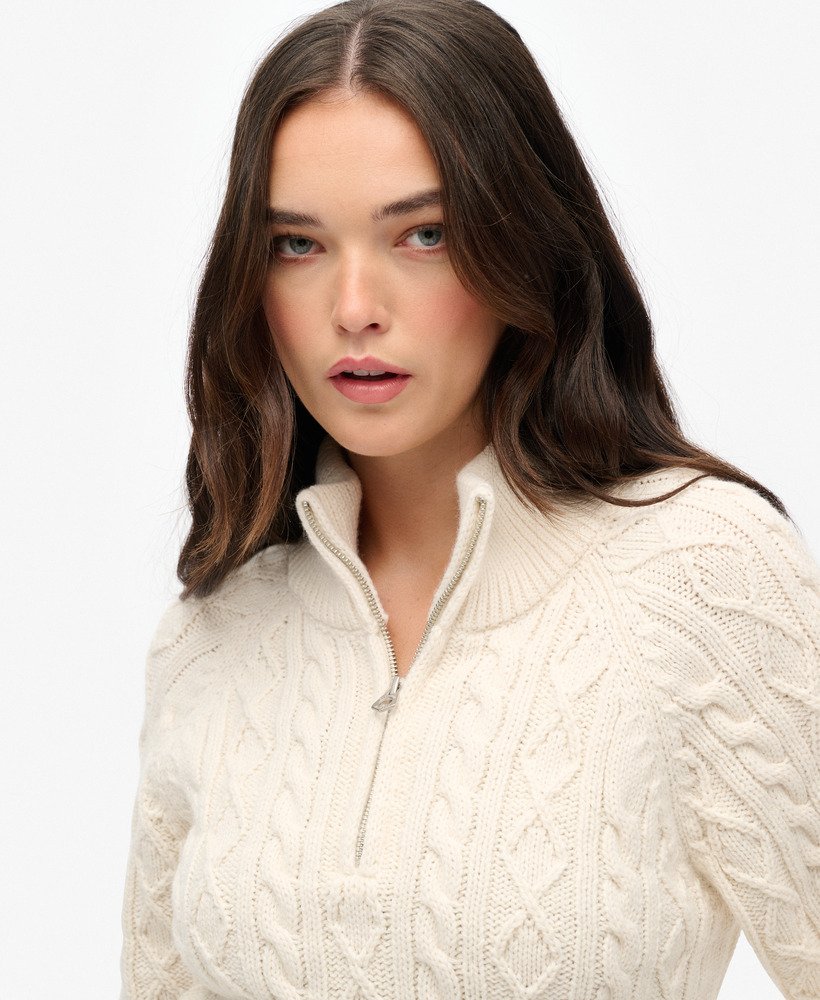 Superdry Damen Strickpullover Slim Cable Half Zip - Ecru Weiß