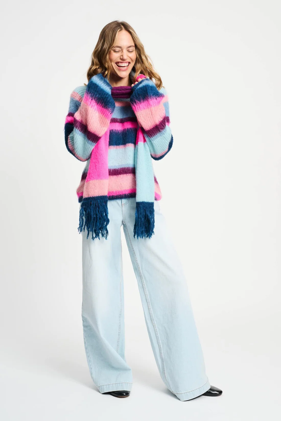 POM Amsterdam Strickpulli Pullover Brushed Stripes Blau & Neon Pink