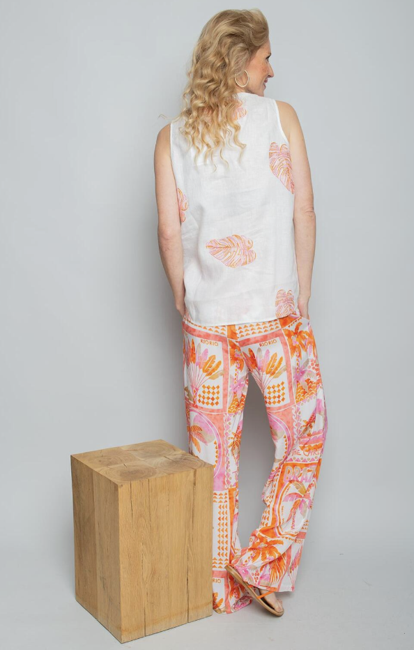 Emily van den Bergh Leinen Bluse Ärmellos mit Palmenblatt Stickereien