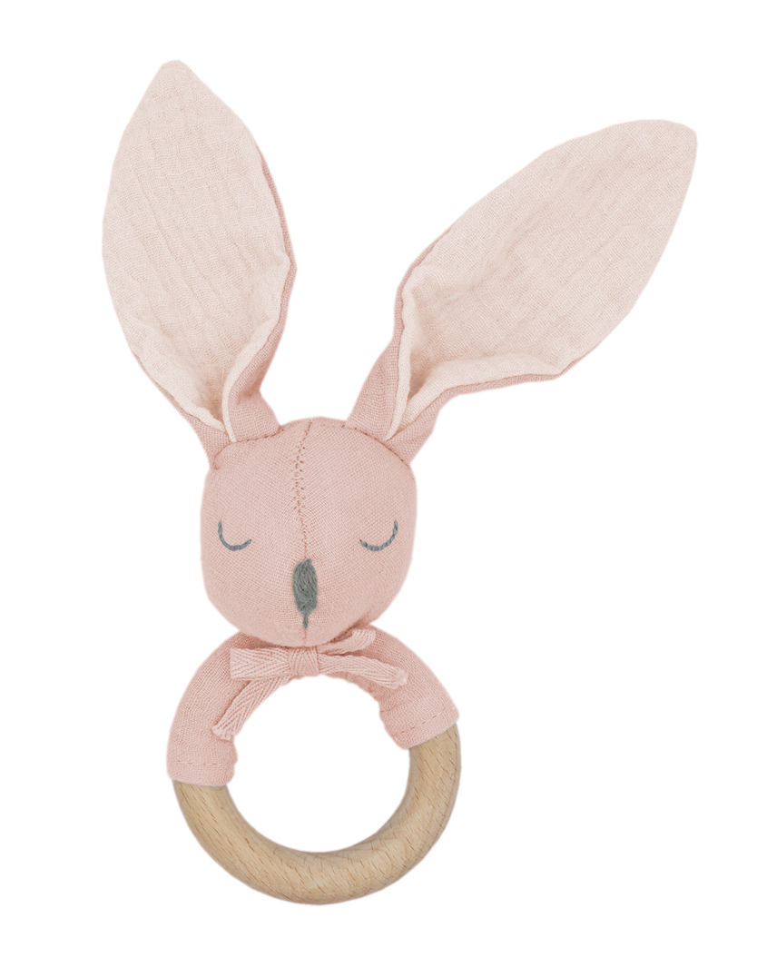10_370000577000017 Maximo Musselin Holzring Beißring Rassel Hase in Rosa