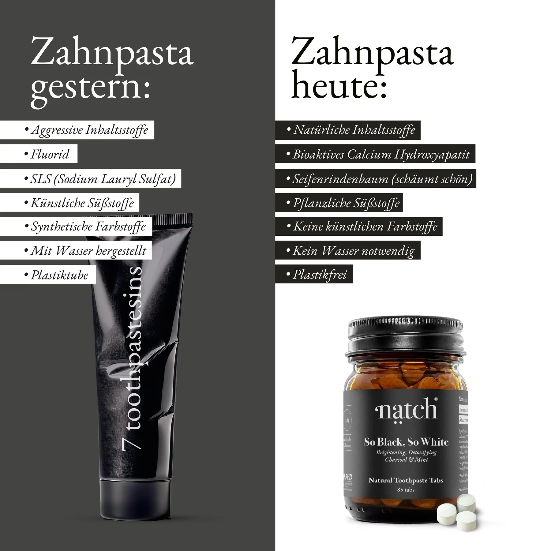 NATCH Zahnpasta-Tabletten für natürlich strahlend weiße Zähne - So Black, So White NATCH Zahnpasta-Tabletten für natürlich strahlend weiße Zähne - So Black, So White