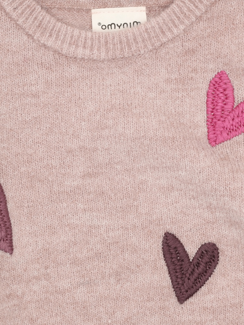 Minymo Strickpulli in Fawn Rosa mit Herzen Gestickt Allover