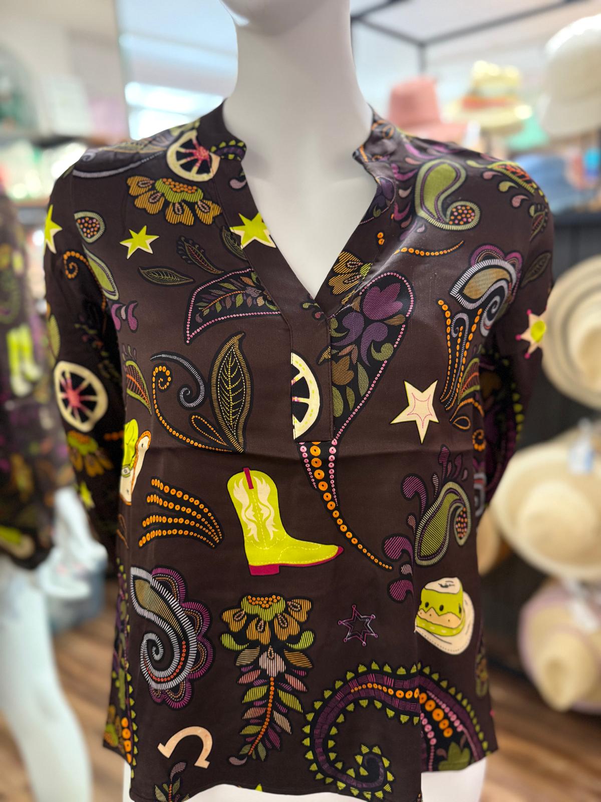 Yess Belgium Cowgirl Bluse Tea - Braun mit Paisleymuster - SALE