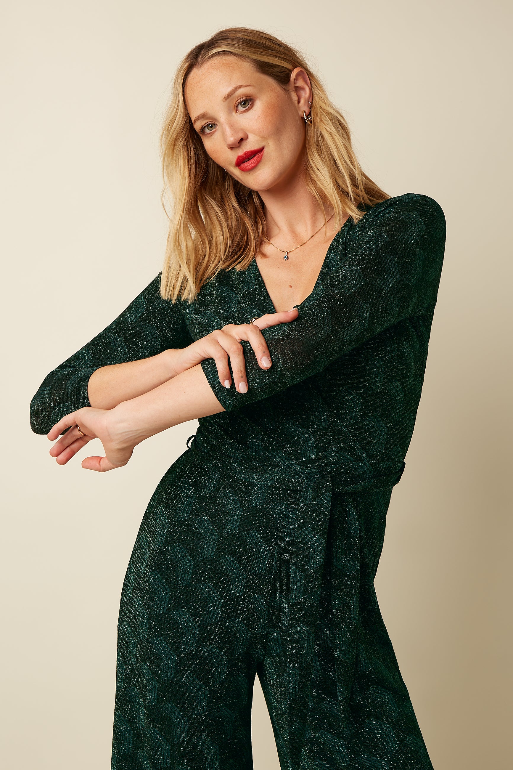 King Louie Mary Jumpsuit Noha mit V-Ausschnit und Glitzer - Pine Grün 