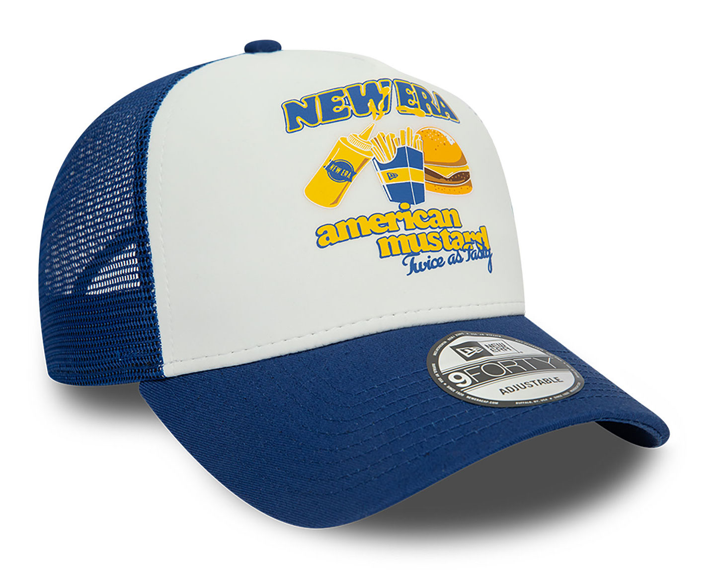60364171-right New Era Food A-Frame Trucker Cap in Blau - Burger & Fries - SALE