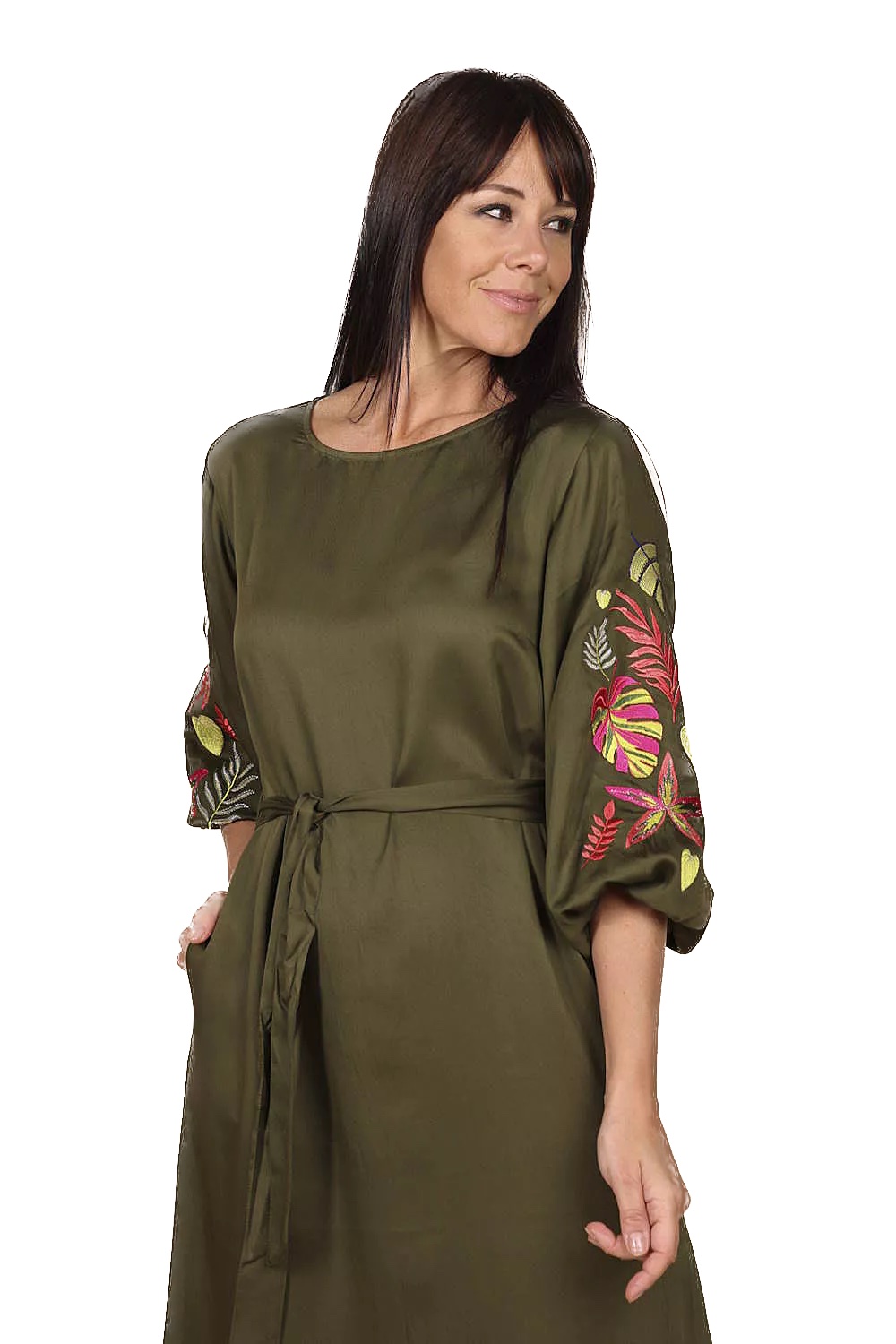 Yess Belgium Kleid Nona - Oliv mit Stickerei am Ärmel - SALE Yess Belgium Kleid Nona - Oliv mit Stickerei am Ärmel - SALE