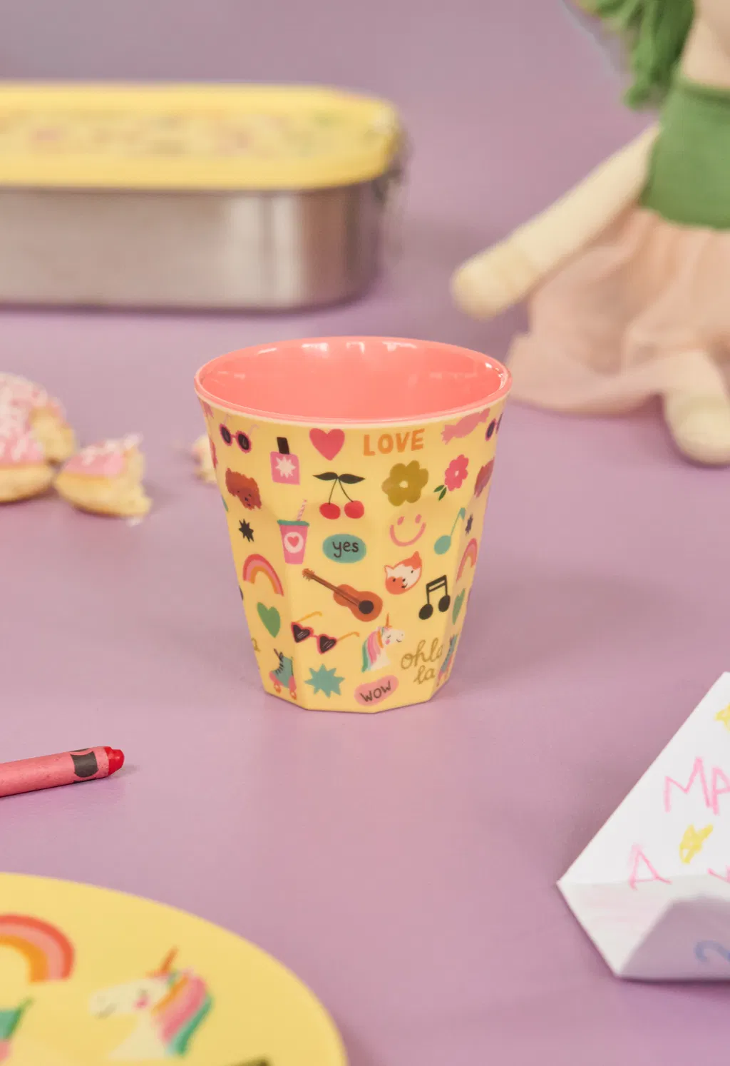 RICE Medium Melamin Becher in Gelb & Rosa - Unicorn Love Print - 250 ml