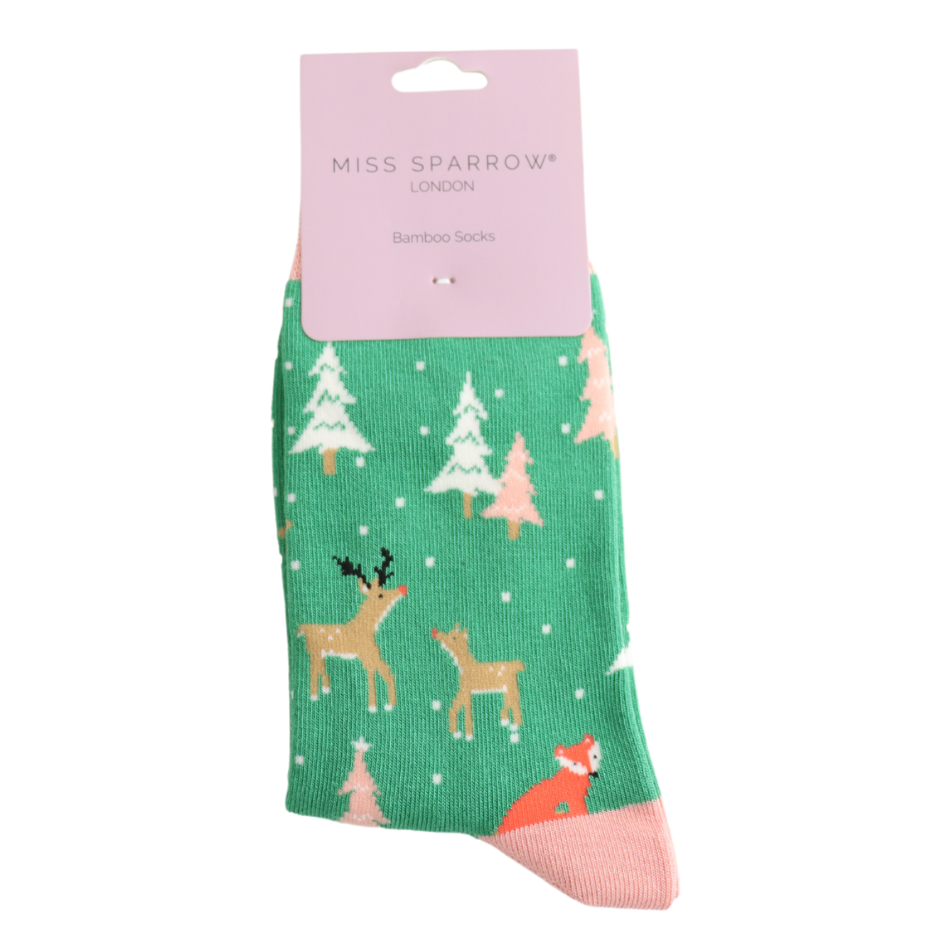 Miss Sparrow Socken Bamboo in Grün & Rosa - Festive Foxes - Festliche Fuchse Miss Sparrow Socken Bamboo in Grün & Rosa - Festive Foxes - Festliche Fuchse