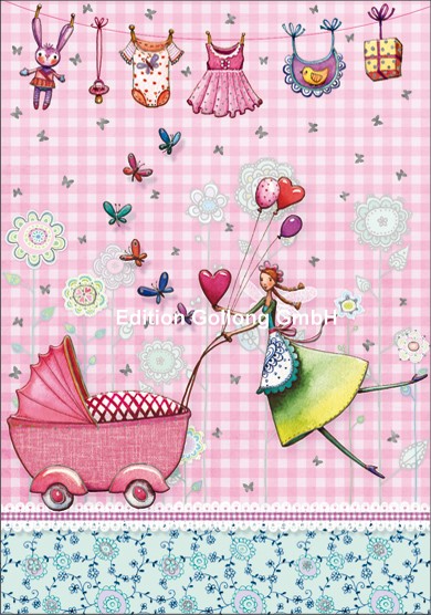 Edition Gollong Karte zur Geburt Kinderwagen rosa Karo