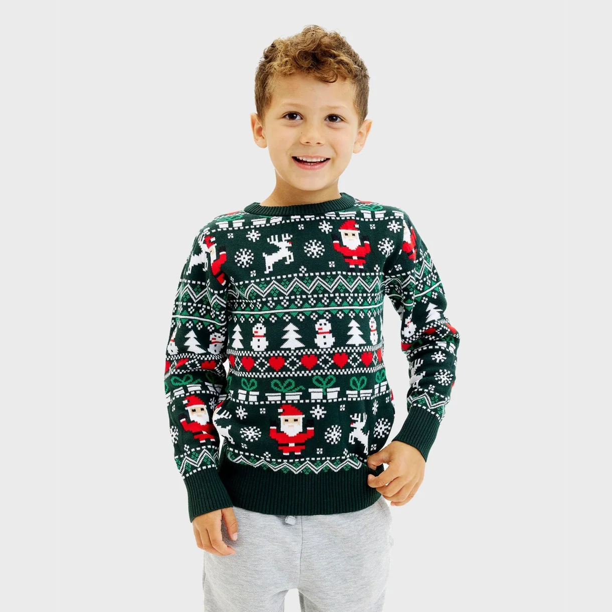 Christmas Sweater Unisex Jungs & Mädchen Stillvoller Weihnachtspullover in Grün mit Santa, Schneemänner & Rentier