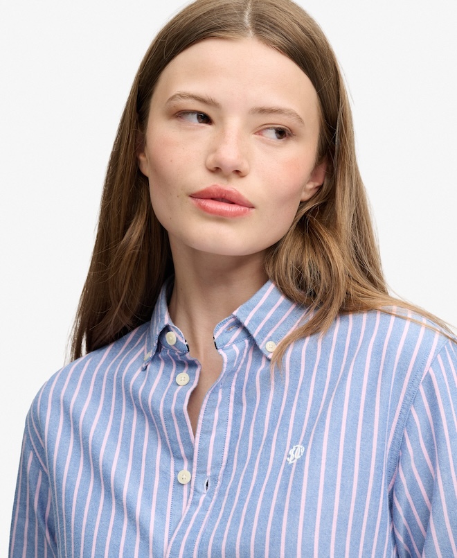 Superdry Oxford Langarmhemd mit schmaler Passform für Damen - Denim Blau mit Flieder Streifen