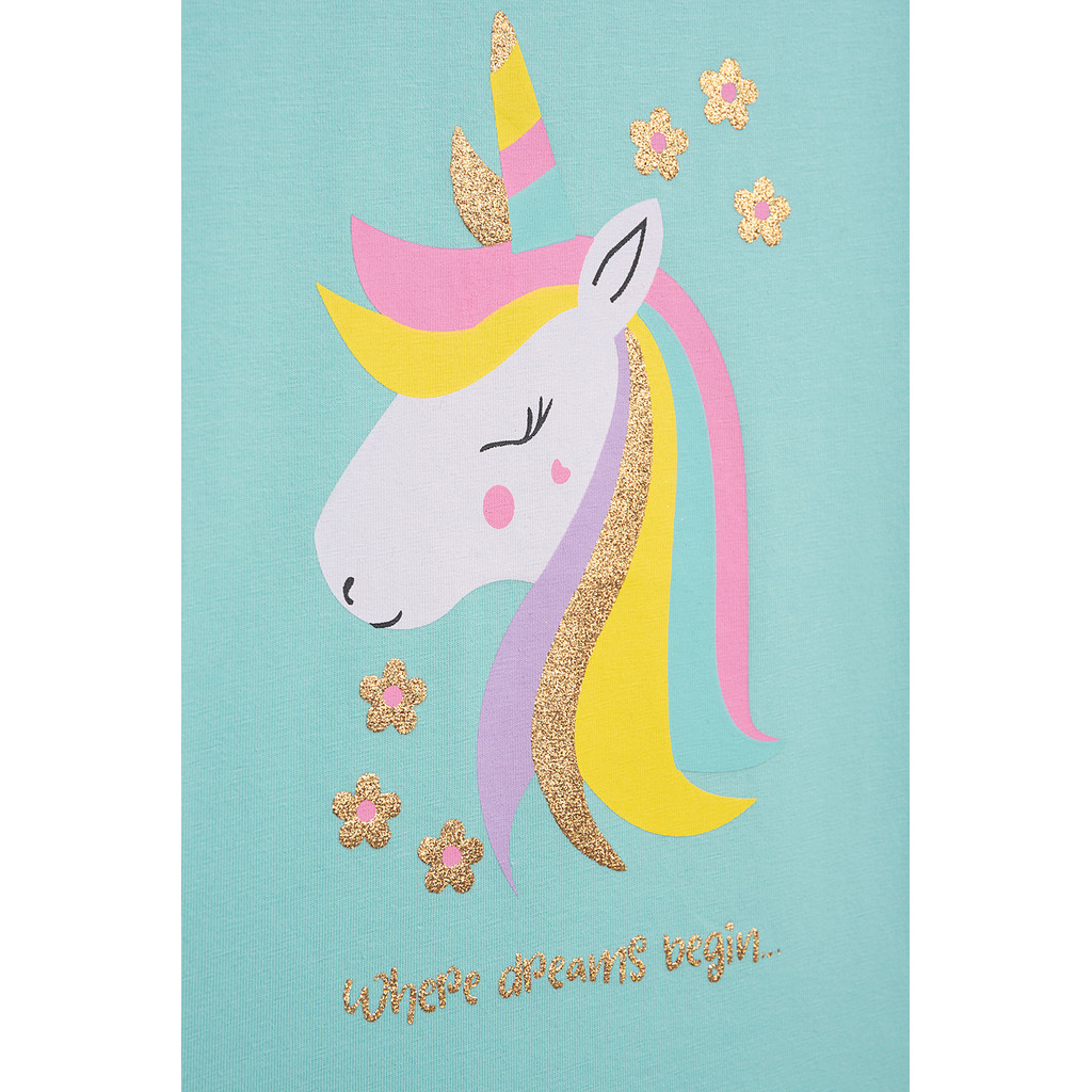 Danamade DCAROLINE Kurzarm Mädchen T-Shirt in Icy Blue Türkis mit Glitzer Einhorn