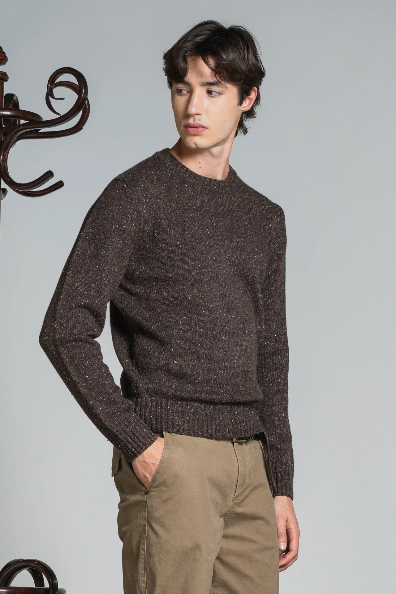 IMPURE George Rundhals Strick Pullover Wollmischung Braun Meliert