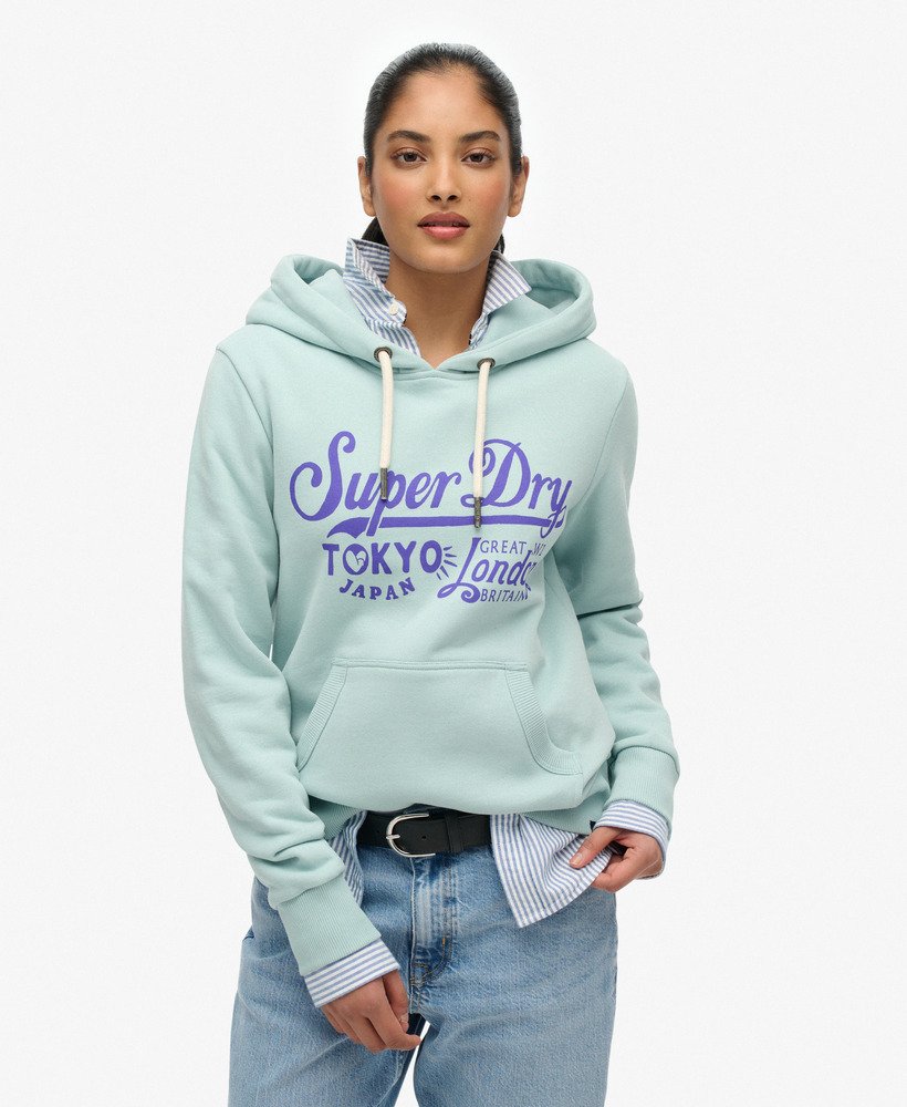 Superdry Damen Tokyo London Hoodie in Fresh Mint mit Lila Schrift 