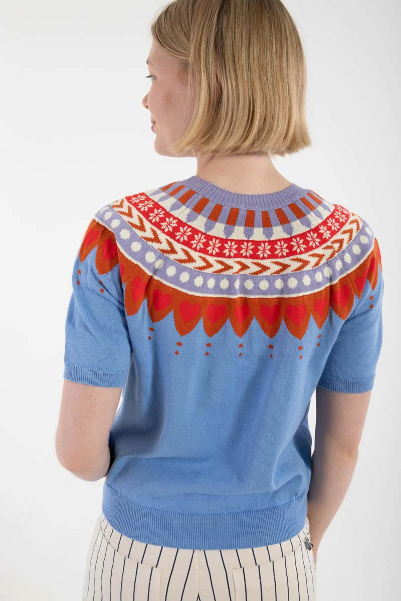 Danefae Danehope Kurzarm Baumwolle Strickpulli - Wasserblau Norweger - SALE