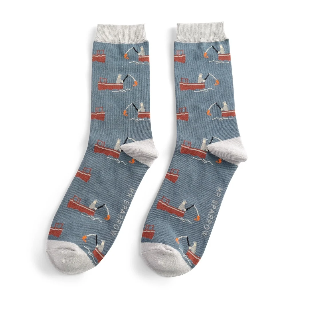 Mr. Heron Bambus Herren Socken in Denim - Gone Fishing - Fischerman