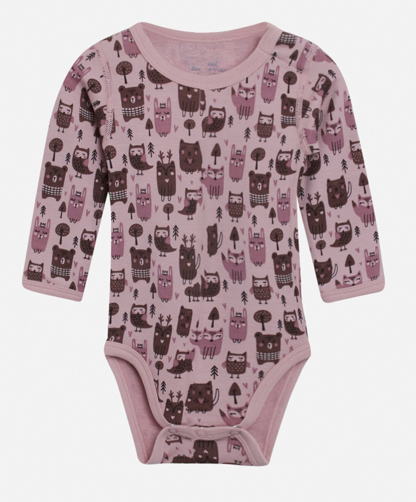 Hust & Claire Baloo Wolle Bambus Wickelbody in Rosa mit Eule, Fuchs , Reh und Bär