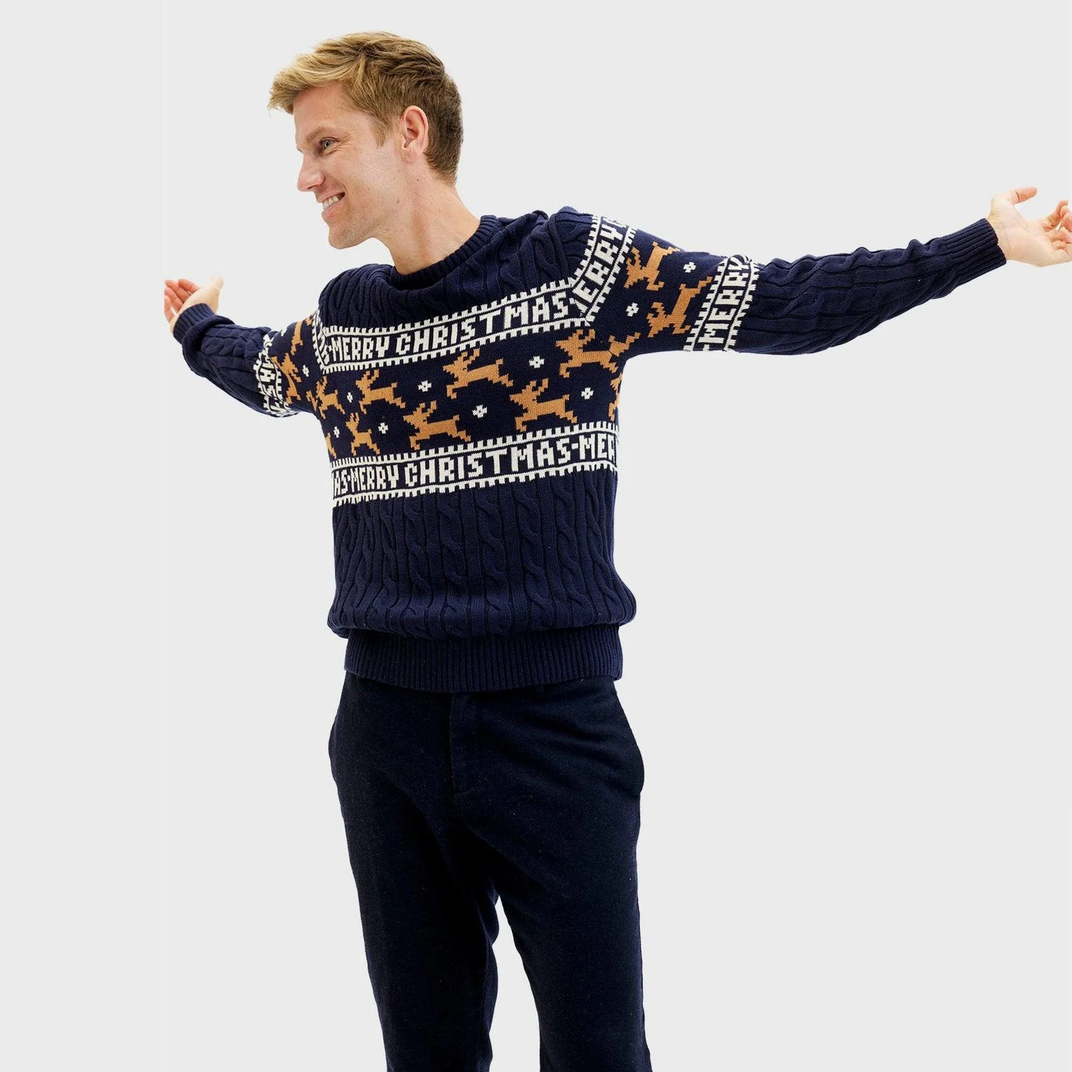 Christmas Sweater Elegante Weihnachtspullover Rentier Navy Kabelstrick - Merry Christmas Christmas Sweater Elegante Weihnachtspullover Rentier Navy Kabelstrick - Merry Christmas