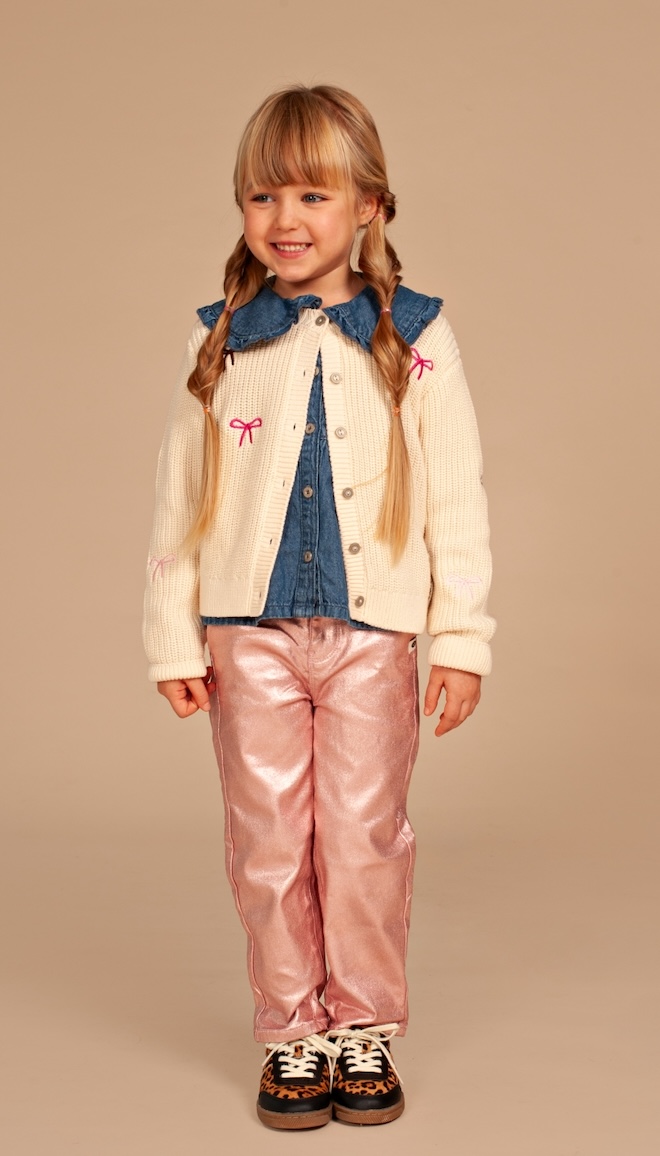 Babyface Stains & Stories Cardigan Strickjacke in Creme mit Schleifen Rot & Rosa