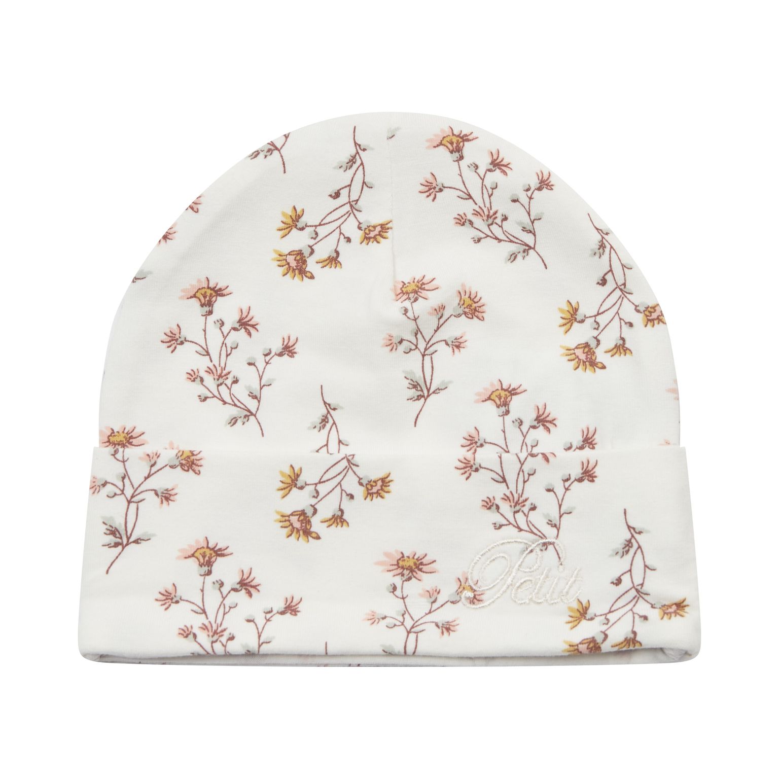 PB549_0101_1 Petit by Sofie Schnoor Jersey Baby Mütze in Creme mit Vintage Blumen